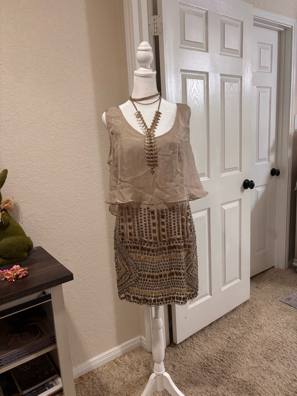 Aratta Beige and Gold Embellished Mini Dress